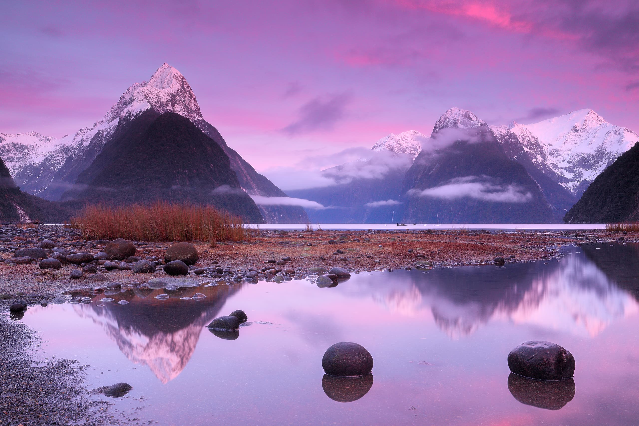 Sunrise at Milford Sound — Mitre Peak at first colour
